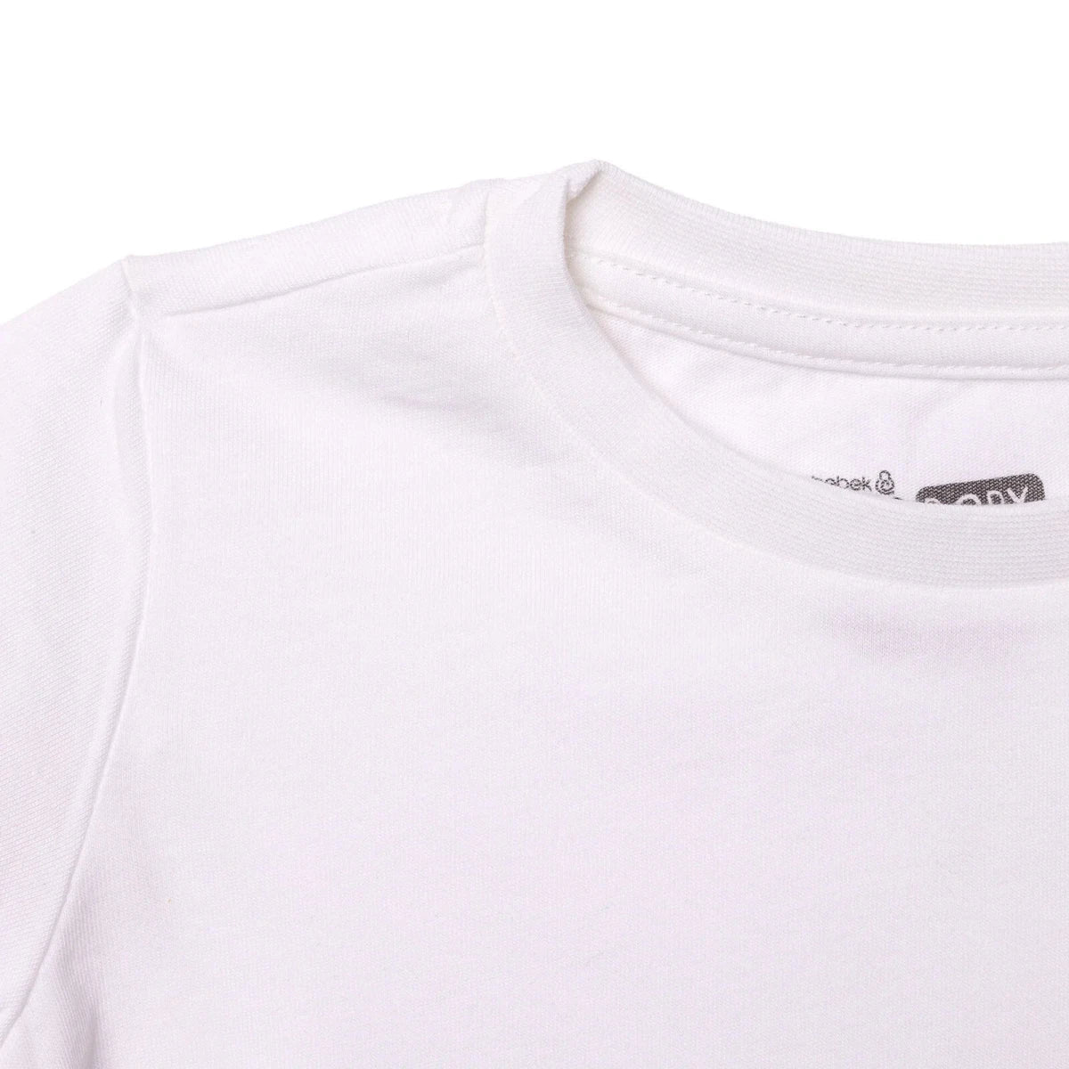 Close-up of boys white T-shirt neckline with brand tag