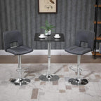 Black square pub bar table with chrome pedestal base, shown between two gray bar stools.