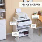 White mobile printer cabinet with slide-out drawer, open shelf, and two-tier cabinet storage
