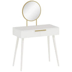 White dressing table with round mirror and gold handle, four wooden legs