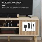 Wood-effect TV cabinet with open compartment and built-in cable management cutout