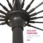 Black parasol hub showing 18 glass fiber ribs connection.