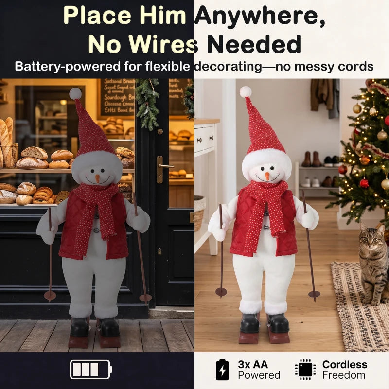 Battery-powered cordless skiing Santa figure in red and white, with ski poles