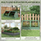 Raised planter box with greenhouse cover, clear panels and green metal mesh frame