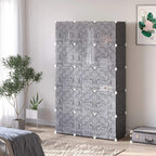 Modular cube wardrobe cabinet with patterned gray panels and white connector bars, standing view