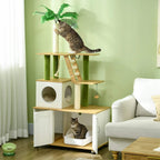 2-in-1 hidden cat litter box cat tree with cat house, ladder, and multi-level platforms, oak