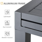Dark grey aluminium frame corner detail with slatted tabletop edge; rust and weather resistant