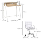 Set dimension diagram: white desk frame with shelf and white swivel office chair