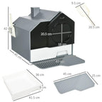 Grey hooded cat litter box with tray and base ramp shown with size layout.