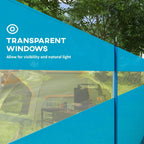 Blue windbreak with transparent windows section and corner support pole