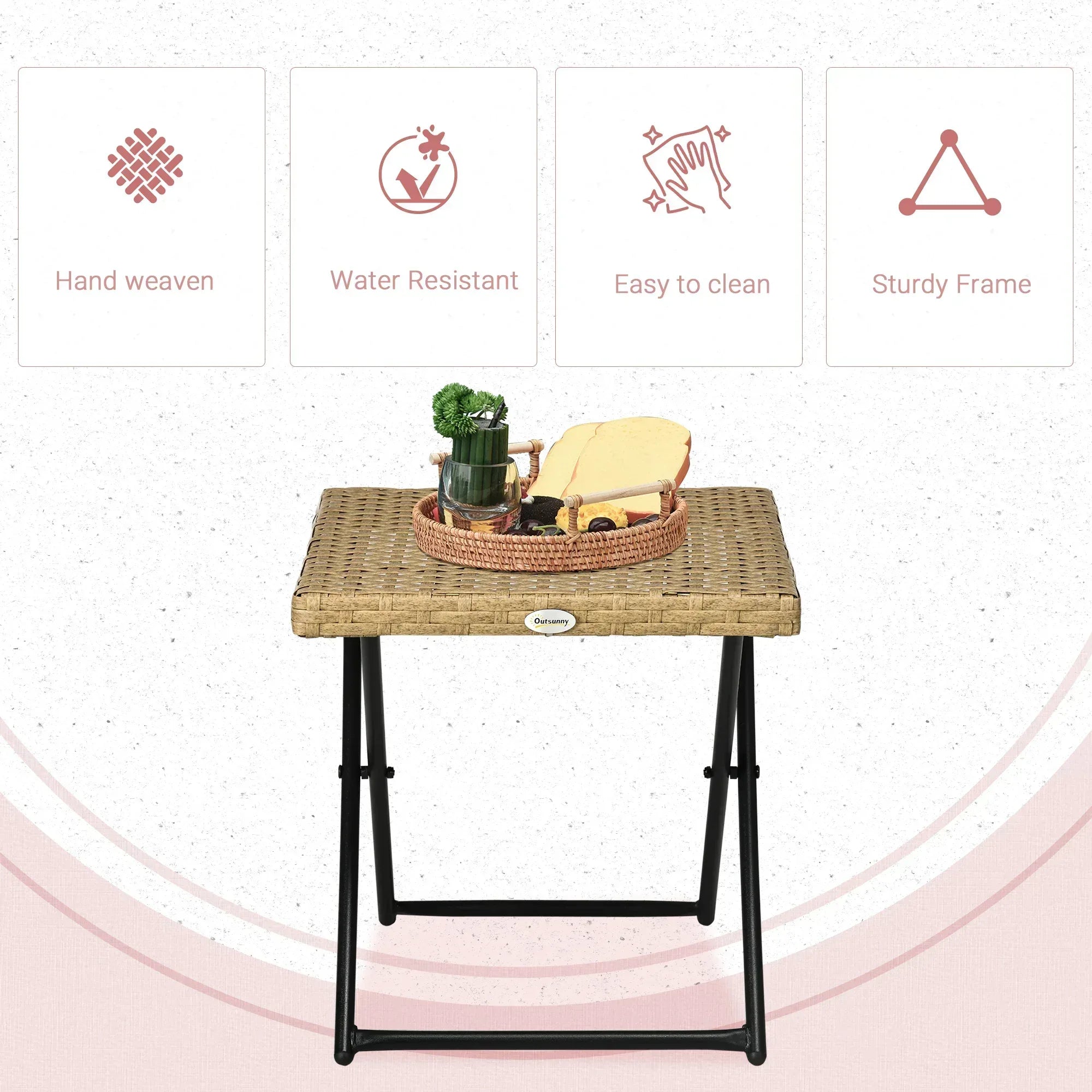 Garden Small Folding Square Rattan Coffee Table Bistro Balcony Outdoor Wicker Weave Side Table 40Hx40Lx40Wcm, Natural - Bobobiy