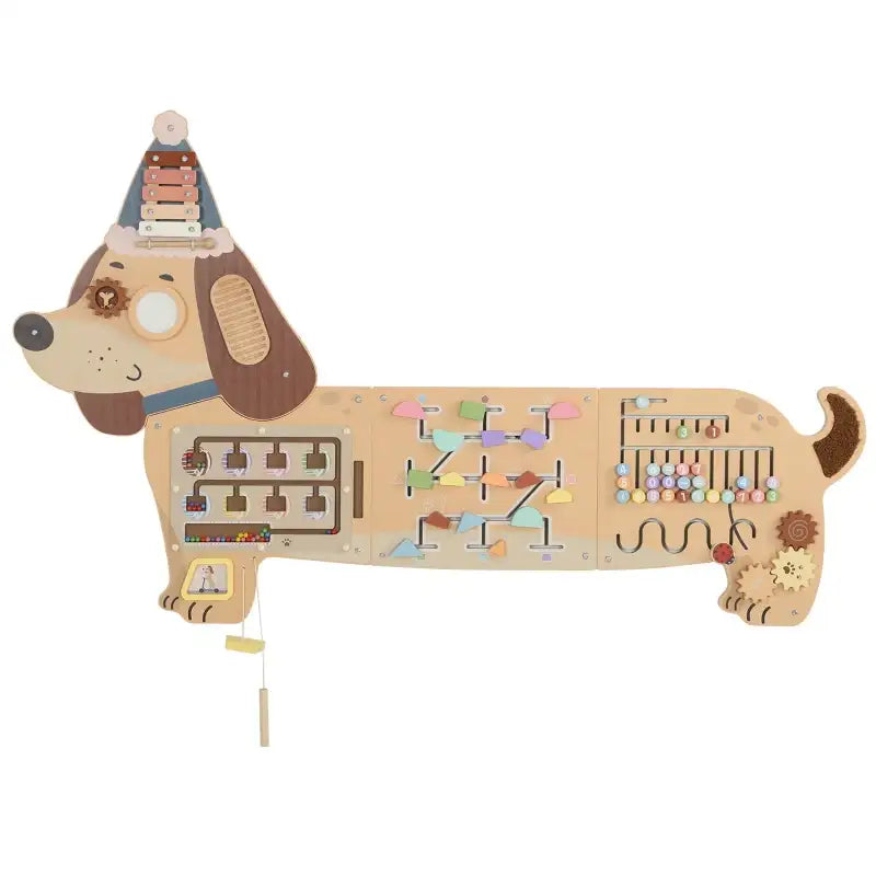 Wooden dachshund busy board wall panel with spinning gears and number beads