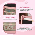 Pink easel with front storage basket compartments and animal print panels