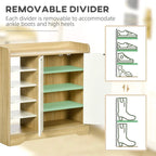 Shoe storage cabinet with open shelves and internal partition panel for organizing pairs