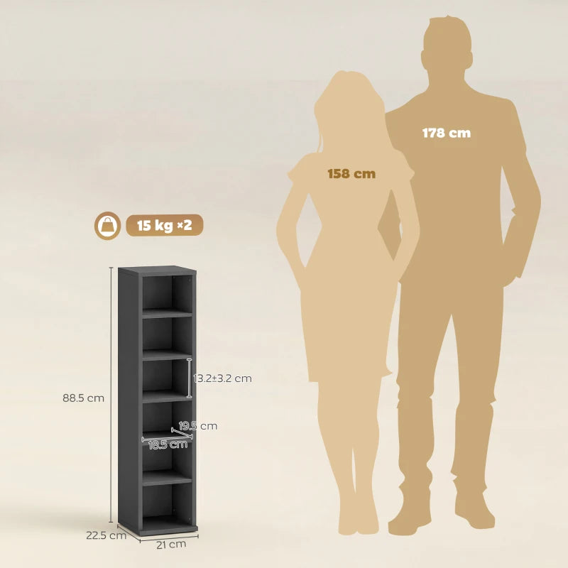 Black tall media shelf tower showing shelf unit dimensions and proportions
