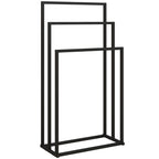 Black freestanding steel towel rack with three horizontal bars, open frame design.