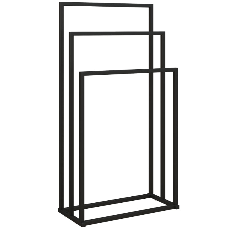 Black freestanding steel towel rack with three horizontal bars, open frame design.