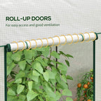 White greenhouse roll-up door on green rail, mesh side wall and roof panel