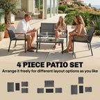 Grey patio conversation set with loveseat, two armchairs, and metal-top table