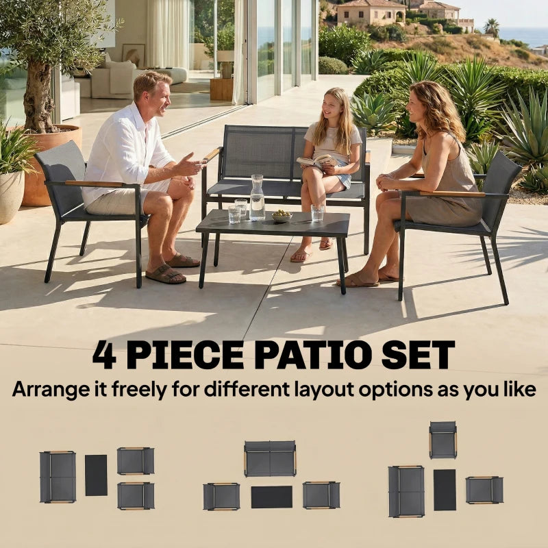 Grey patio conversation set with loveseat, two armchairs, and metal-top table