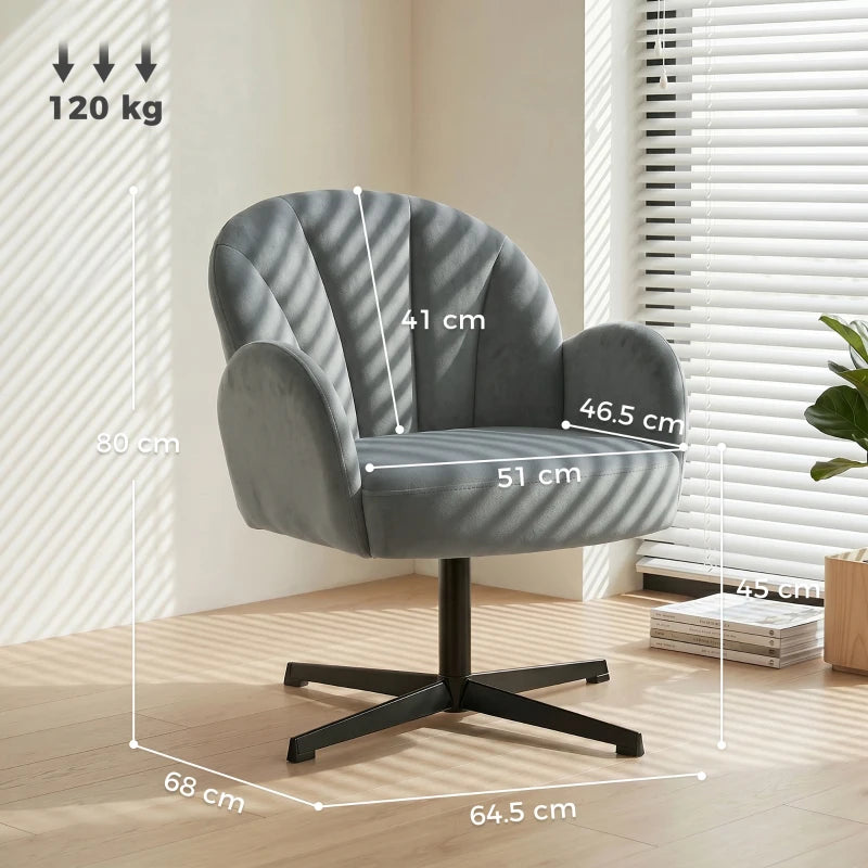 Grey shell swivel accent chair with curved arms and black star base, side view