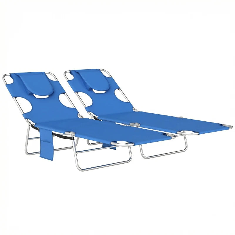 Blue adjustable sun loungers set of 2 with side pockets and curved headrests