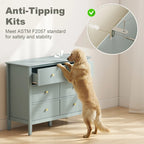 Green fluted six-drawer dresser with gold knobs and visible anti-tip kit connector