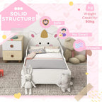 White unicorn toddler bed with sturdy frame, smooth surfaces, and slatted base