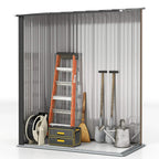Brown corrugated steel shed interior view with tools and ladder on floor