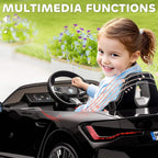 Kids electric ride-on car interior with steering wheel and dashboard controls