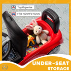 Red ride-on car with open under-seat storage holding toys and plush figure