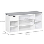 White shoe storage bench with grey cushion, 101 x 29 x 47.5 cm dimensions