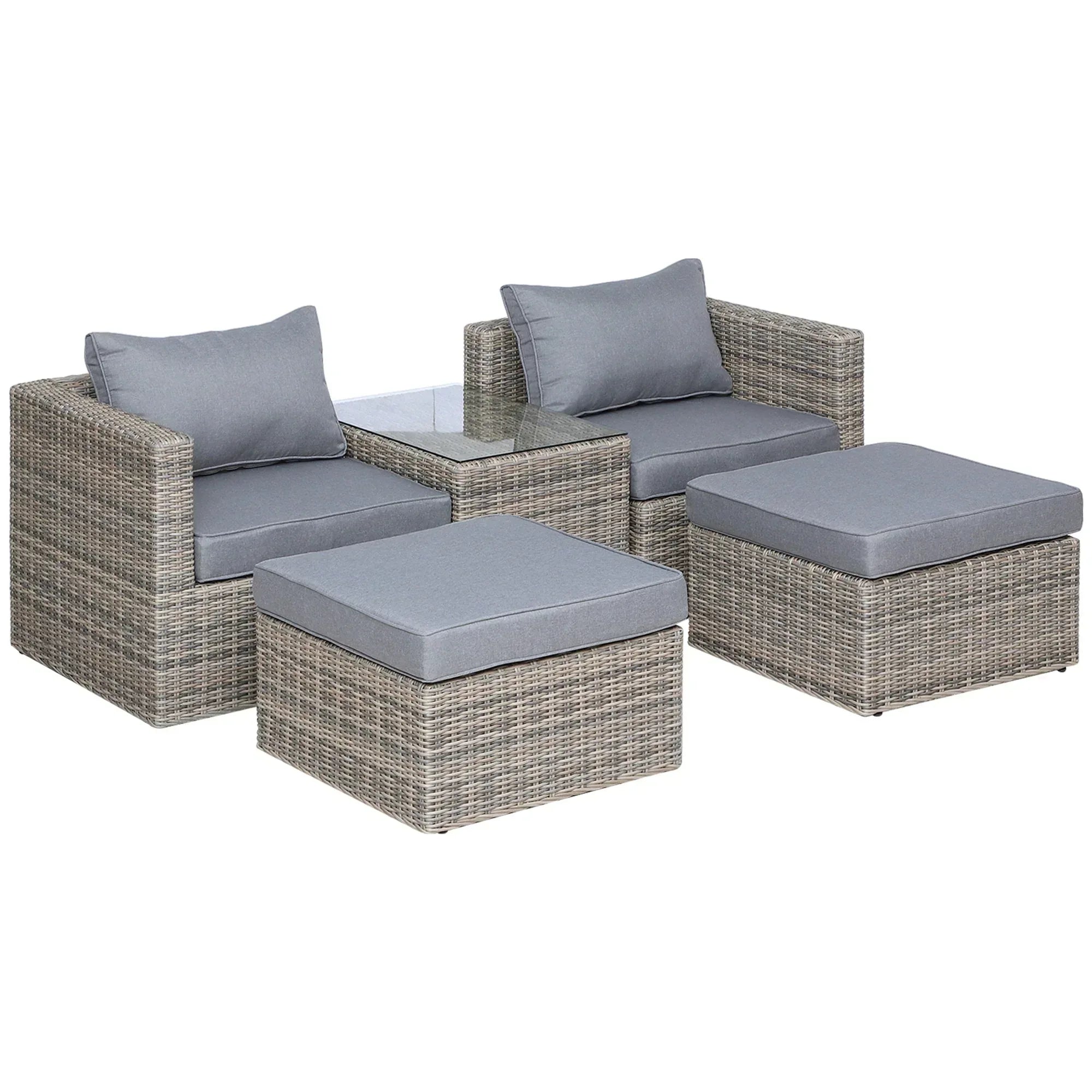 5 Piece Rattan Garden Furniture Set w/ 10cm Thick Cushions, Aluminium Frame Wicker Outdoor Balcony Sofa Set with Corner Armchairs, Ottomans, and Glass Top Table, Mixed Brown - Bobobiy