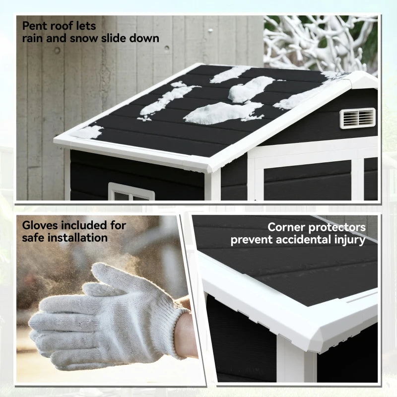 Black pent roof garden storage shed with corner protectors and installation gloves