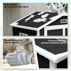 Black pent roof garden storage shed with corner protectors and installation gloves