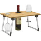Portable bamboo-top picnic table with bottle holder and two glass holders