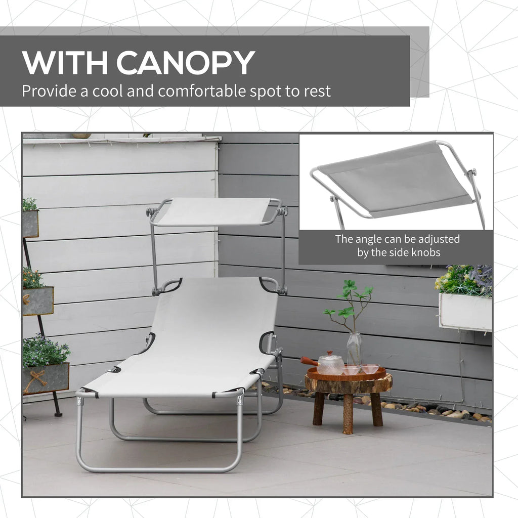 2 Pieces Outdoor Foldable Sun Lounger, 4 Level Adjustable Backrest Reclining Sun Lounger Chair with Angle Adjust Sun Shade Awning for Beach, Garden, Patio, Light Grey - Bobobiy