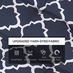 Navy blue cushion pillow fabric detail with white trellis pattern; breathable splash-resistant