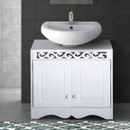 White bathroom vanity base cabinet with two doors and decorative central grille