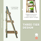 Brown wooden 3-tier folding planter stand with A-shaped legs and angled side