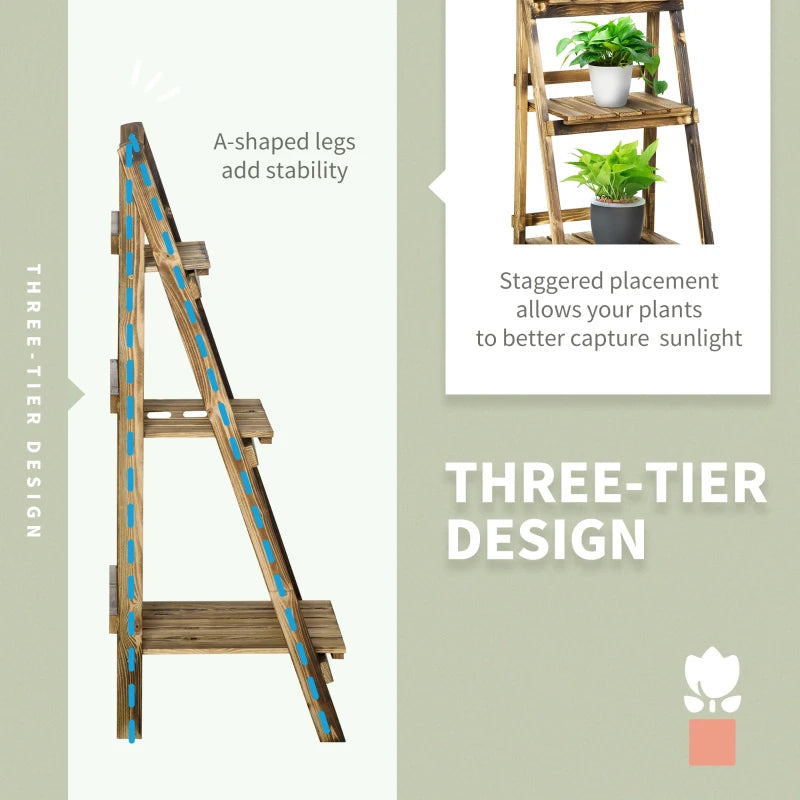 Brown wooden 3-tier folding planter stand with A-shaped legs and angled side