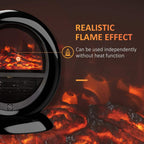 Close-up of black electric fireplace heater showing realistic flame effect through oval glass
