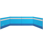 Blue three-sided windbreak screen with white stripes and support poles, corner view