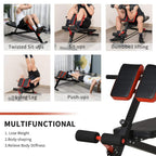 Adjustable weight bench with black-and-red pads and attached support handle