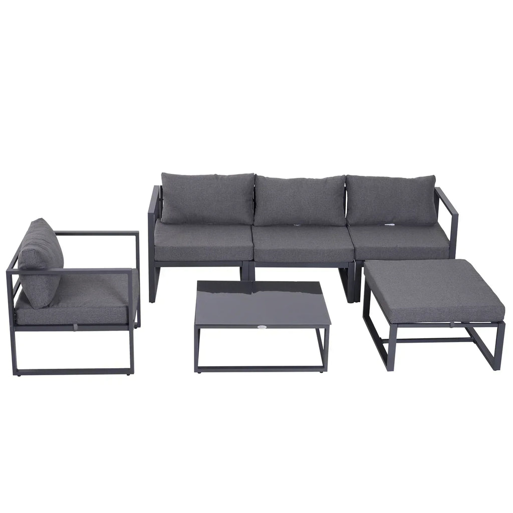 6 PCs Outdoor Indoor Sectional Sofa Set Thick Padded Cushions Aluminium Frame 5 Seaters 1 Coffee Table Footrest Grey - Bobobiy