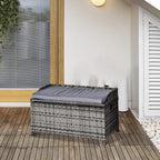 Mixed grey rattan storage bench with dark grey padded seat cushion and open top
