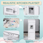 White kids play kitchen set feature views: microwave, water fountain, water tank, range hood