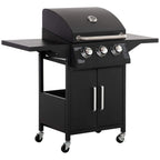 Black 3-burner gas BBQ grill with side shelves, storage cabinet, and thermometer on cart