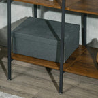 Bottom shelf on metal clothes rail with dark fabric storage box, brown wood base, black legs