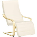Cream upholstered lounge chair with curved wooden arms and base, supporting ottoman frame
